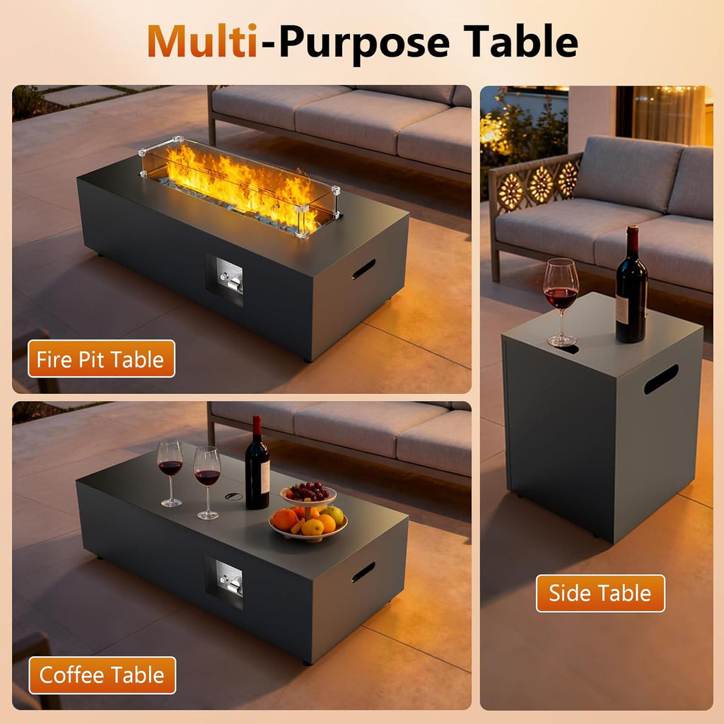 2-Piece 42 Inch Rectangular Propane Fire Pit for Outside Patio with Hidden Tank Table, 50,000 BTU Fireplaces with Glass Wind Guard