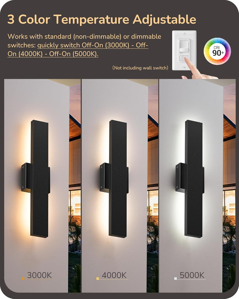 2 Pack LED Outdoor Wall Lights Dimmable, 3000K 4000K 5000K, 15.7" Modern Black Outdoor Wall Sconce, IP65 Waterproof