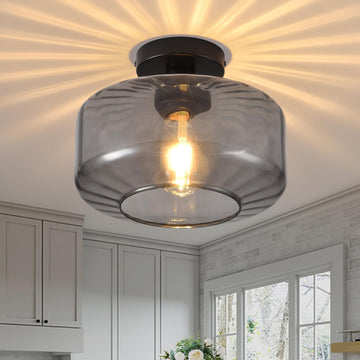 Glass Semi Flush Mount Ceiling Light, Modern Close to Ceiling Light Fixtures with Smoke Grey Glass Shade, Light