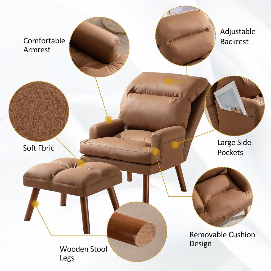 Modern Accent Chair with Ottoman, Soft Fabric Armchair with Adjustable Backrest and Side Pockets, Comfy Lounge Chair