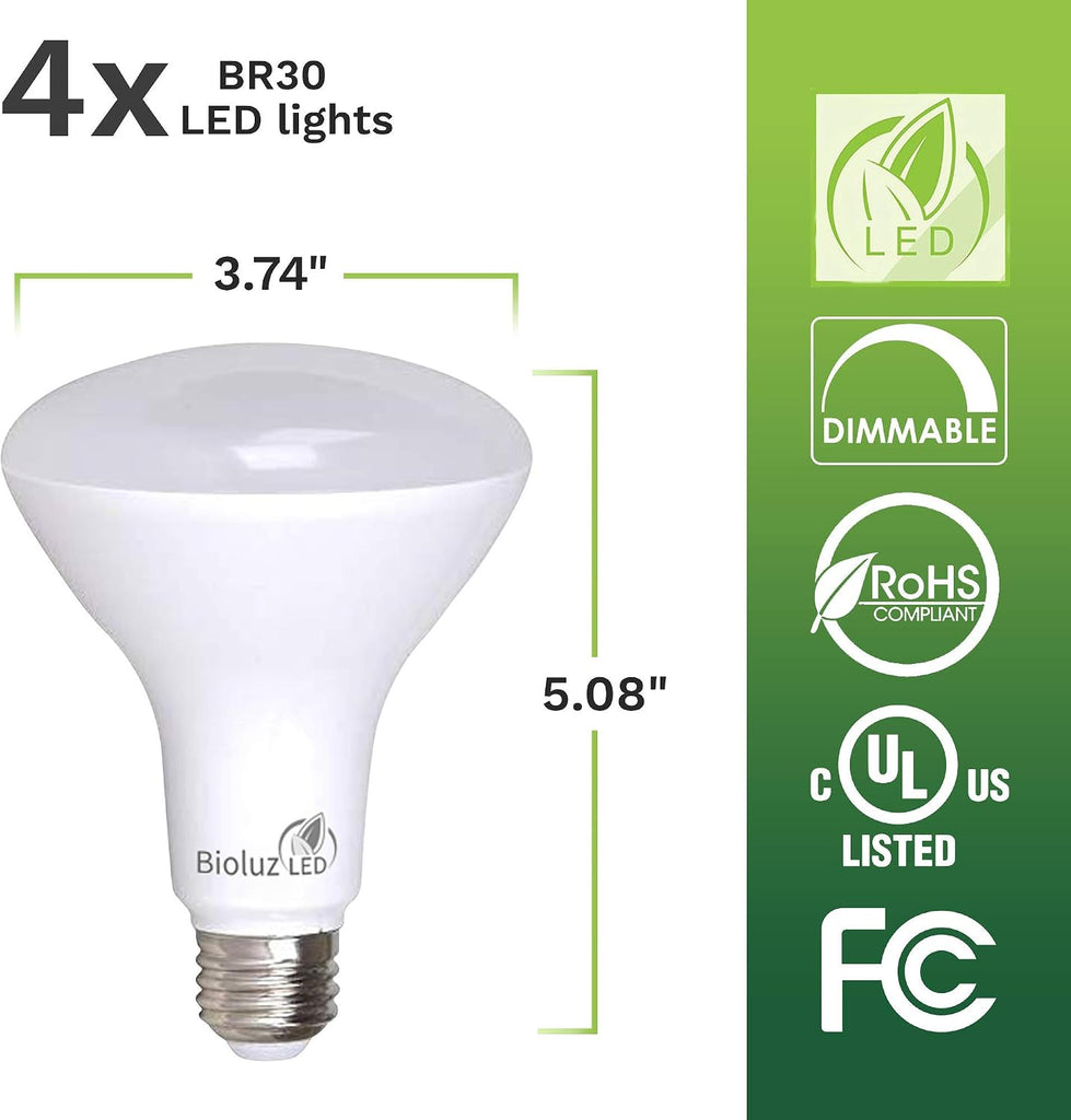 4 Pack BR30 LED Bulbs Indoor Flood Lights 90+ CRI 75W Equivalent uses 9.5W 5000K Daylight 850 Lumens E26 Base