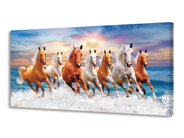 Wall Art Canvas Painting Horses Running Blue Sky 1 Piece Seven Horses in The Water Sunset Background Picture Poster