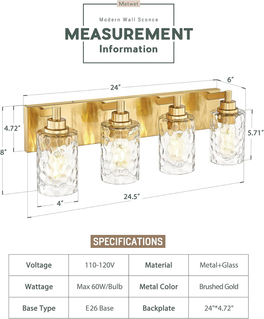 4-Light Brushed Gold Bathroom Vanity Light, Hammered Cylinder Glass | 24.5" modern bathroom light fixtures over