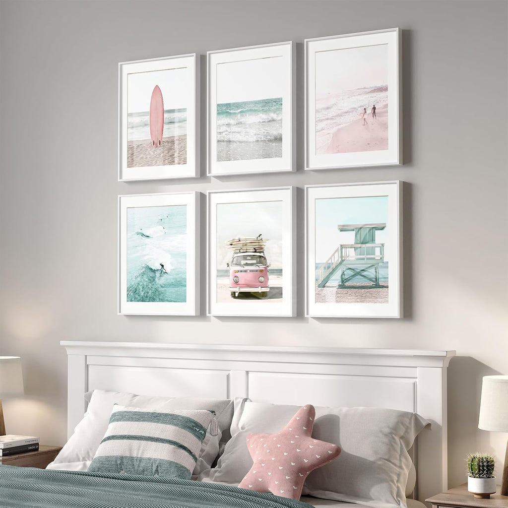 Framed Coastal Beach Wall Art , 6 Piece Ocean Wave Surfboard Beachy Canvas Artworks, Pink and Aqua Green Seascape