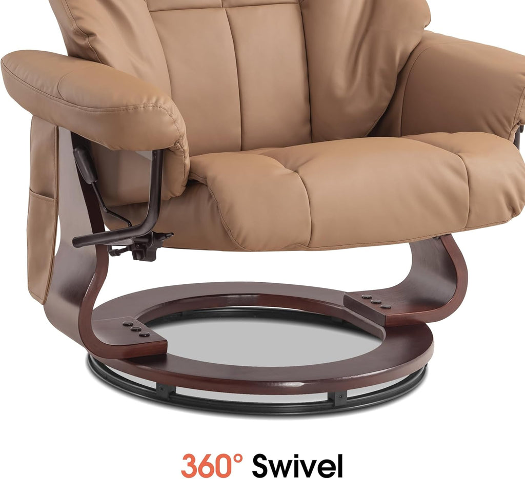 Modern Reclining Swivel Lounge Chair and Ottoman — Cognac Faux Leather