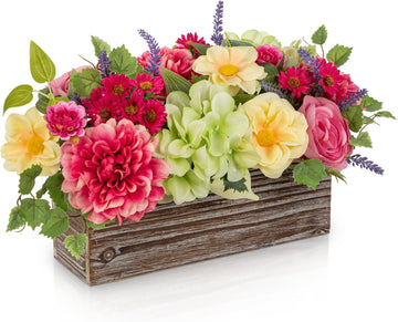 Spring Faux Floral Table Centerpiece with Rustic Wooden Planter Box, Artificial Flower Arrangement with Silk Dahlias