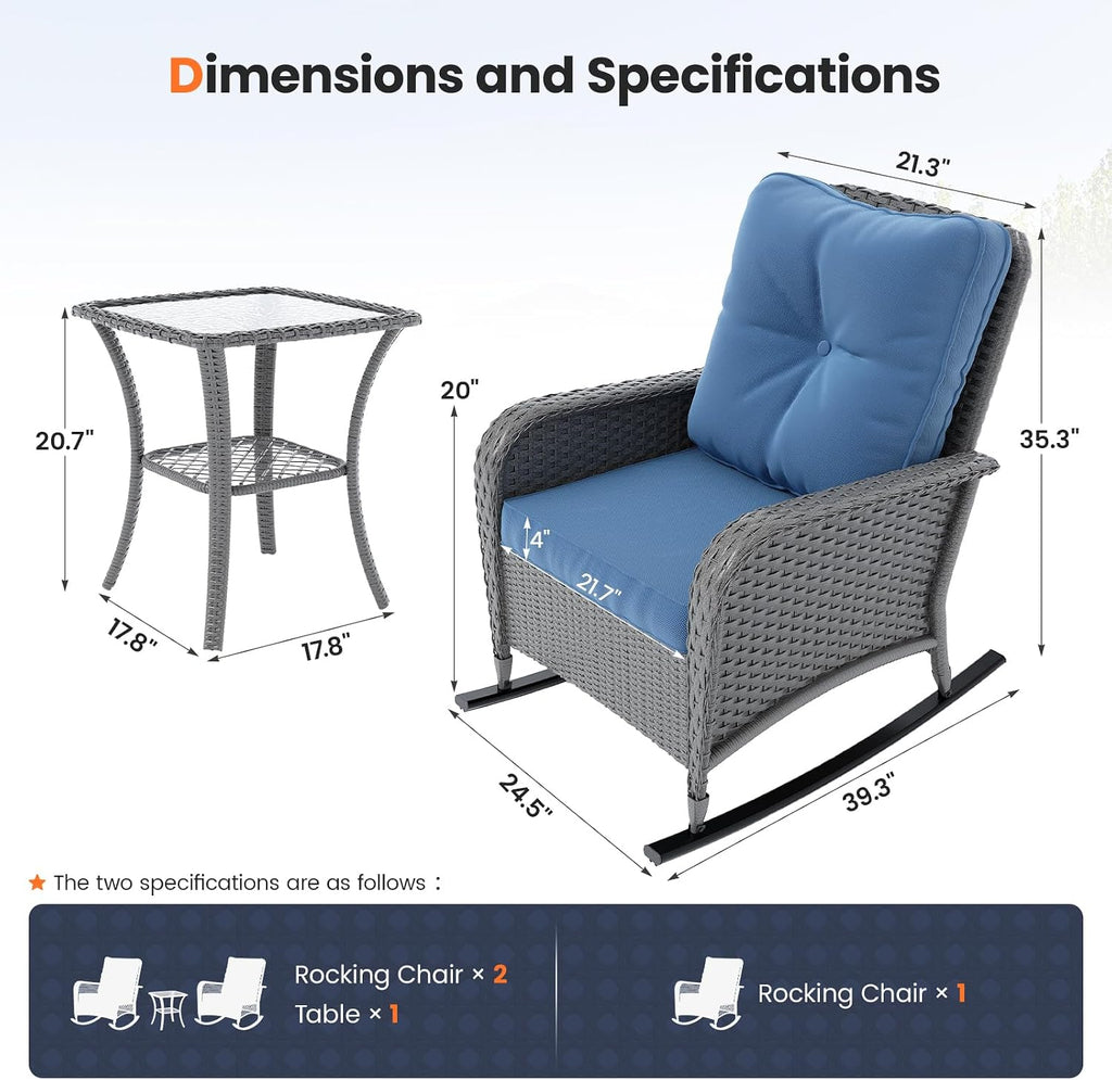 Rocking Chair Outdoor Set 2 with Table, Full Rattan Oversized Blue | 3 Piece Wicker Rocking Bistro Set with 4"