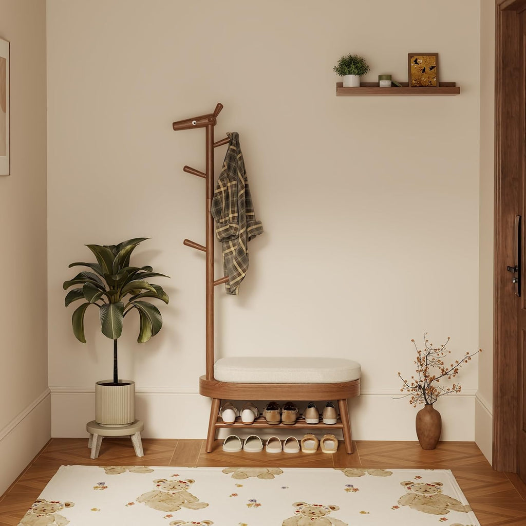 Shoe Rack with Coat Rack, Wooden Shoe Bench with Upholstered Cushion, 3-in-1, 2-Tier Shoe Storage and Cute Animal