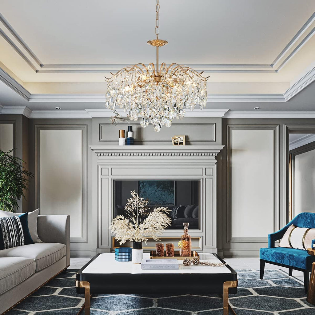 6-Light Gold Crystal Chandeliers, Middle Century Dining Room Light Fixture, Modern Pendant Light for Living Room, D20 x H17, Adjustable Chains 59", Chopper Finish Metal Frame