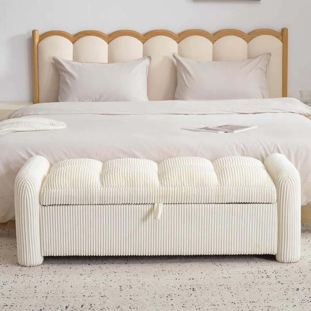 Oversized Corduroy Ottoman Bench with Storage, Upholstered End of Bed Bench , Ottoman Foot Rest , Beige