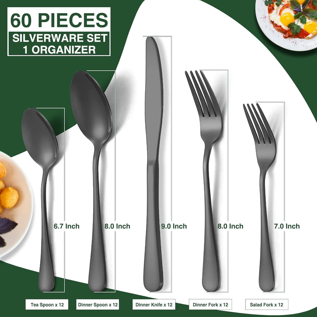 60-Piece Black Silverware Set with Organizer, Stainless Steel Flatware for 12, Cutlery Utensil Set