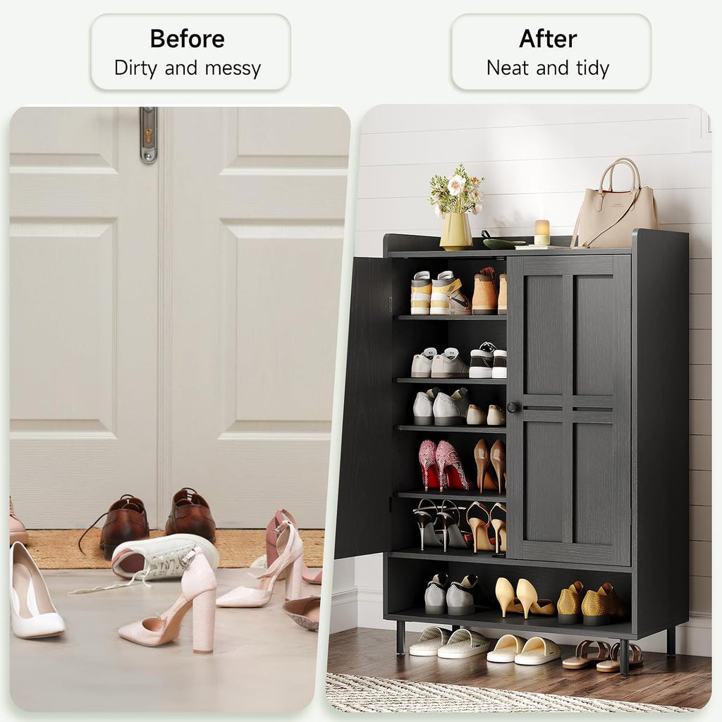 Shoe Cabinet with Cross Molding Doors, 6-Tier Shoe Storage Cabinet with 3 Adjustable Shelves and Metal Legs, 45''