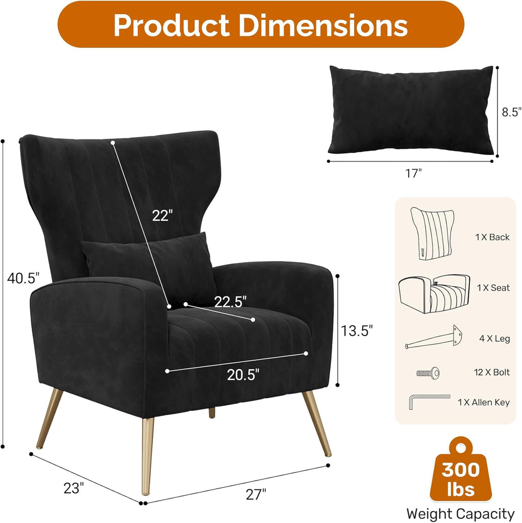 Black Velvet Accent Chair Set of 2, Wingback Chair , High Back Arm Chair with Golden Legs Lumbar Pillow, Upholstered