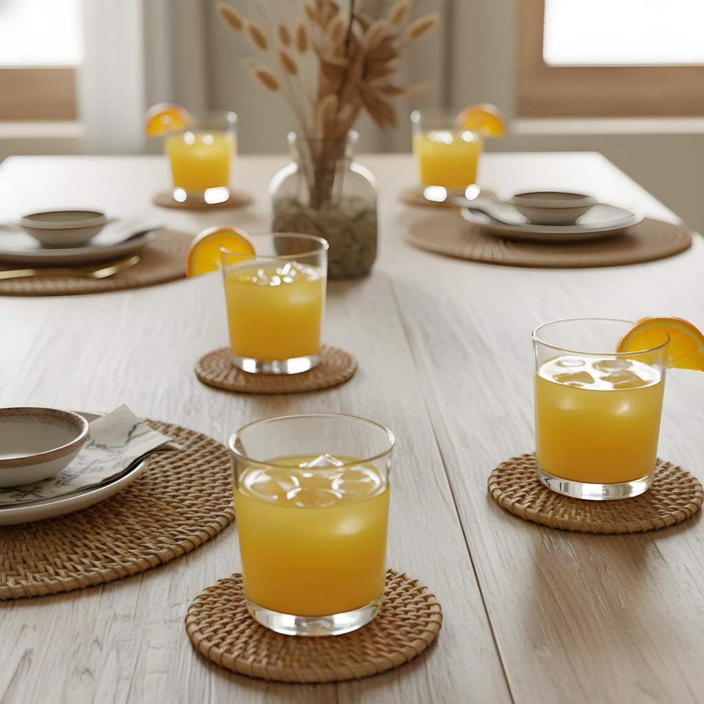 Handwoven Rattan Coasters Set of 6 for Drinks, Boho Wood Cup Coasters with Holder for Coffee Table Decor, Vintage