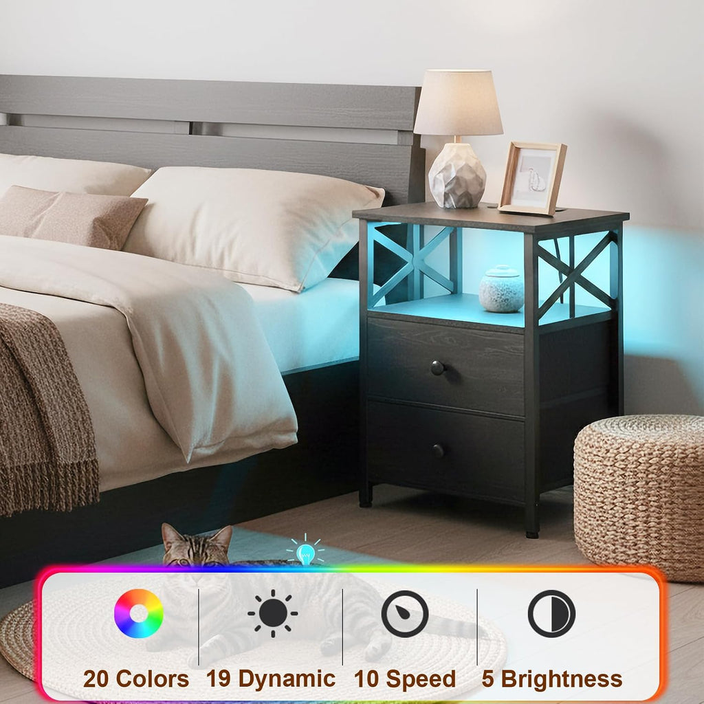 Nightstands Set of 2 with Charging Station, LED Night Stand with 2 Storage Drawers, End Tables with USB Ports and