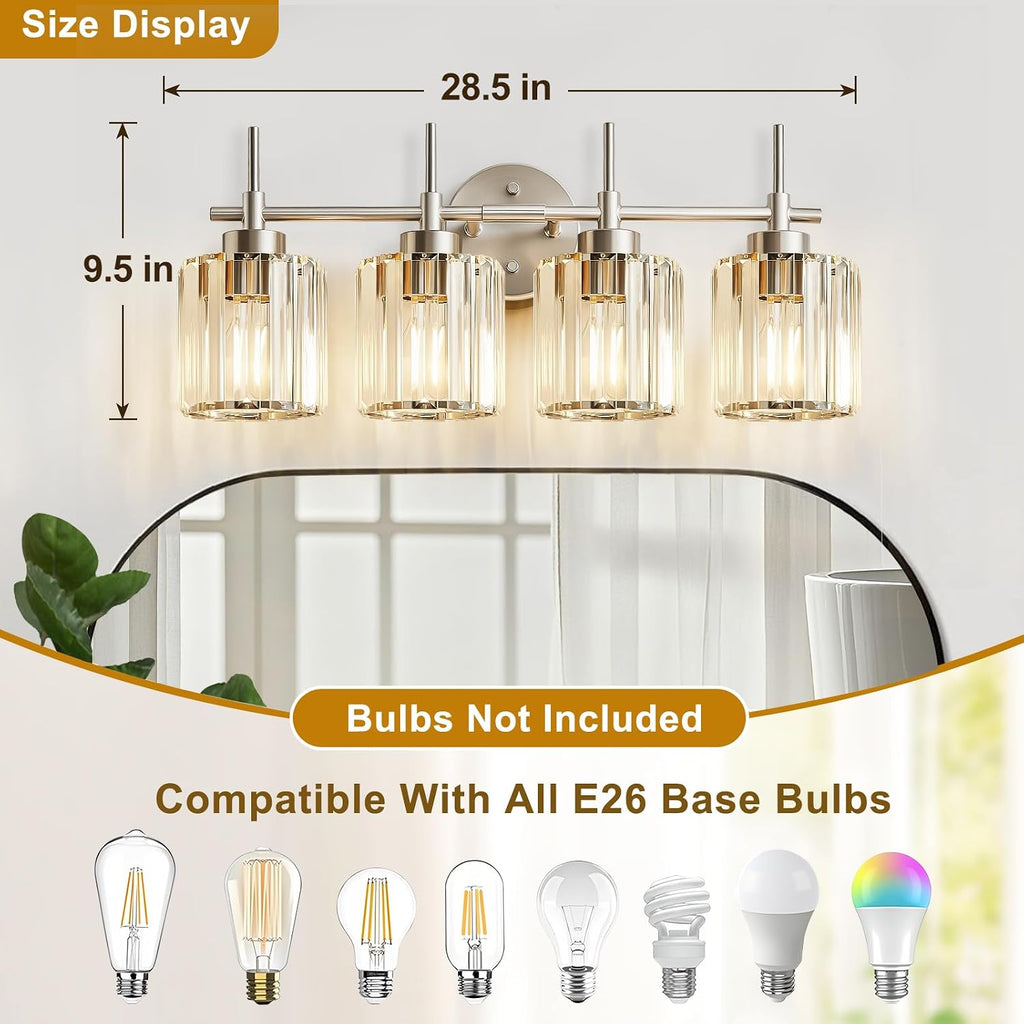 Crystal Bathroom Vanity Lights, 4 Light Bath Mirror Light Brushed Nickel Round Crystal Wall Mount Light Fixture Over