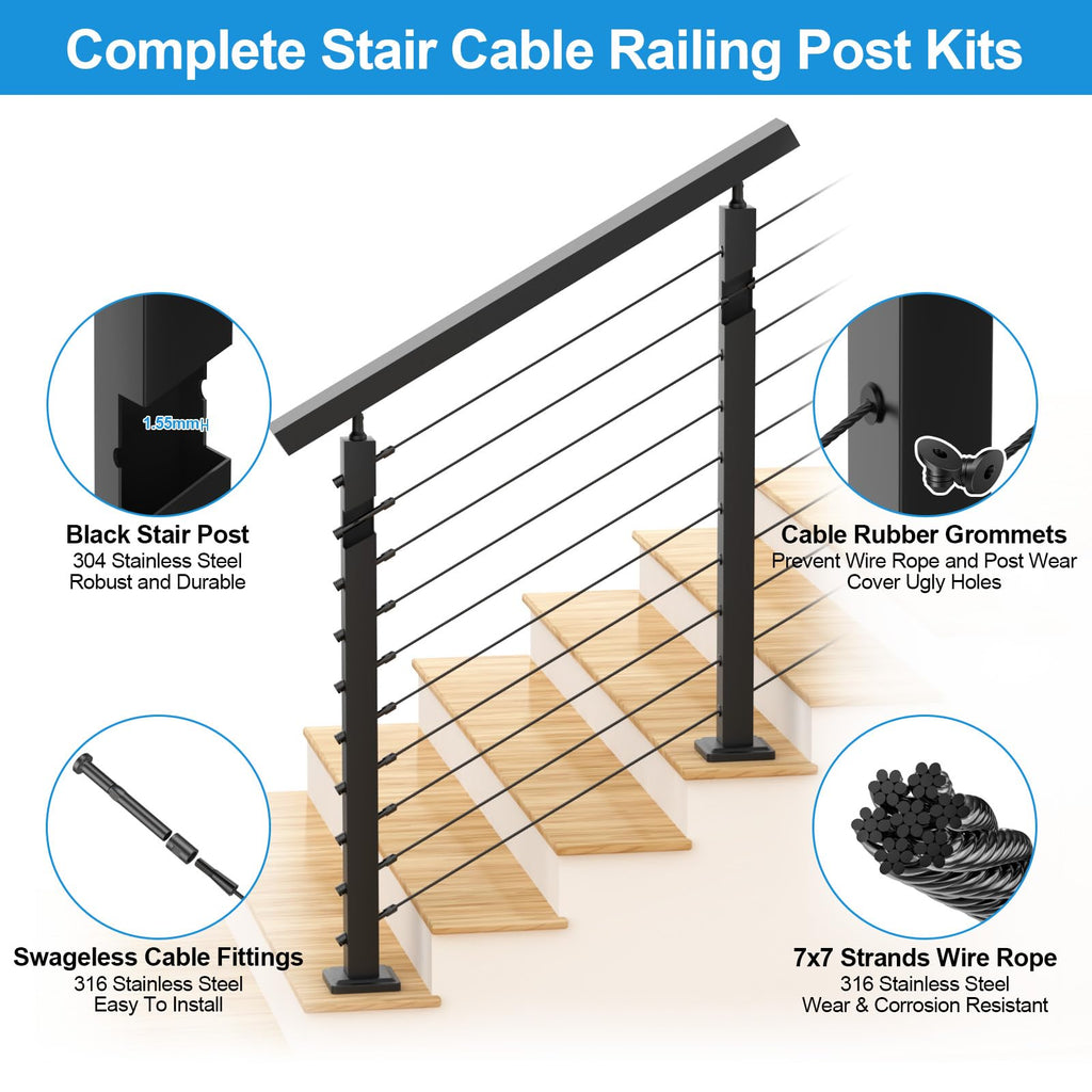 RalinGo 4FT-8FT Swageless Cable Railing Post Kit with Handrail for Stairs, 36" T304 Stainless Steel Deck Cable