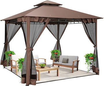 Outdoor Gazebo 10x10 Gazebos on Clearance with Netting, Waterproof Canopy Tent with Heavy Duty Party Tent Steel Frame