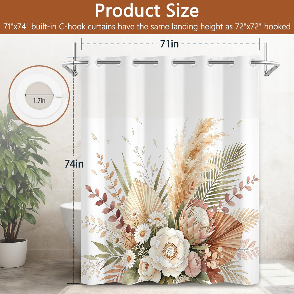 Boho Pampas Floral No Hook Shower Curtain with Snap in Liner Set 71x74 Inch