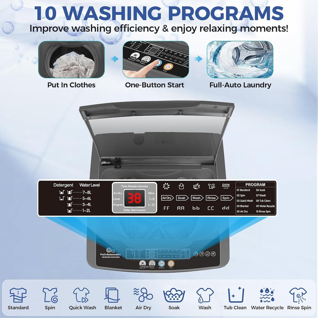 Portable Washing Machine, 20Lbs Capacity Full-Automatic Portable Washer Machine, 2.8Cu.ft Compact Laundry Machine with Drain Pump, 10 Programs & 8 Water Levels for Apartment Dorm RV