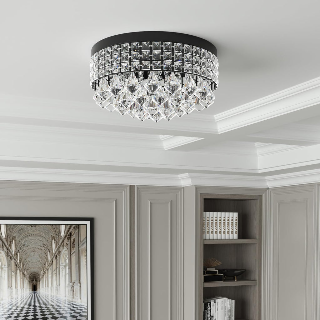 4 Lights Crystal Chandelier, Recessed Drum Ceiling Light, Mini Crystal Flush Mount Round Metal Shade Raindrop