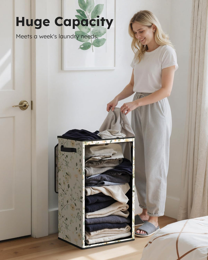 Laundry Hamper with Lid, 90L Tall & Large Floral Laundry Basket, Collapsible Clothes Hamper with Removable Bag, Dirty