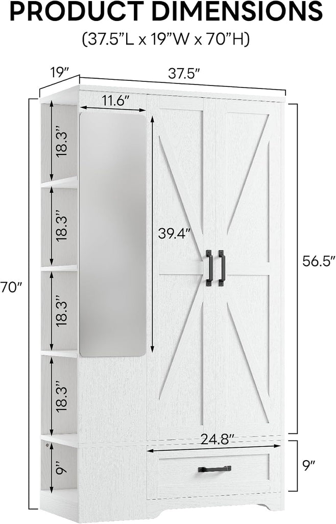 Armoire Wardrobe Closet 70 Inches, Large Storage with Mirror, 2 Doors, Drawer, and Shelves, Modern Bedroom