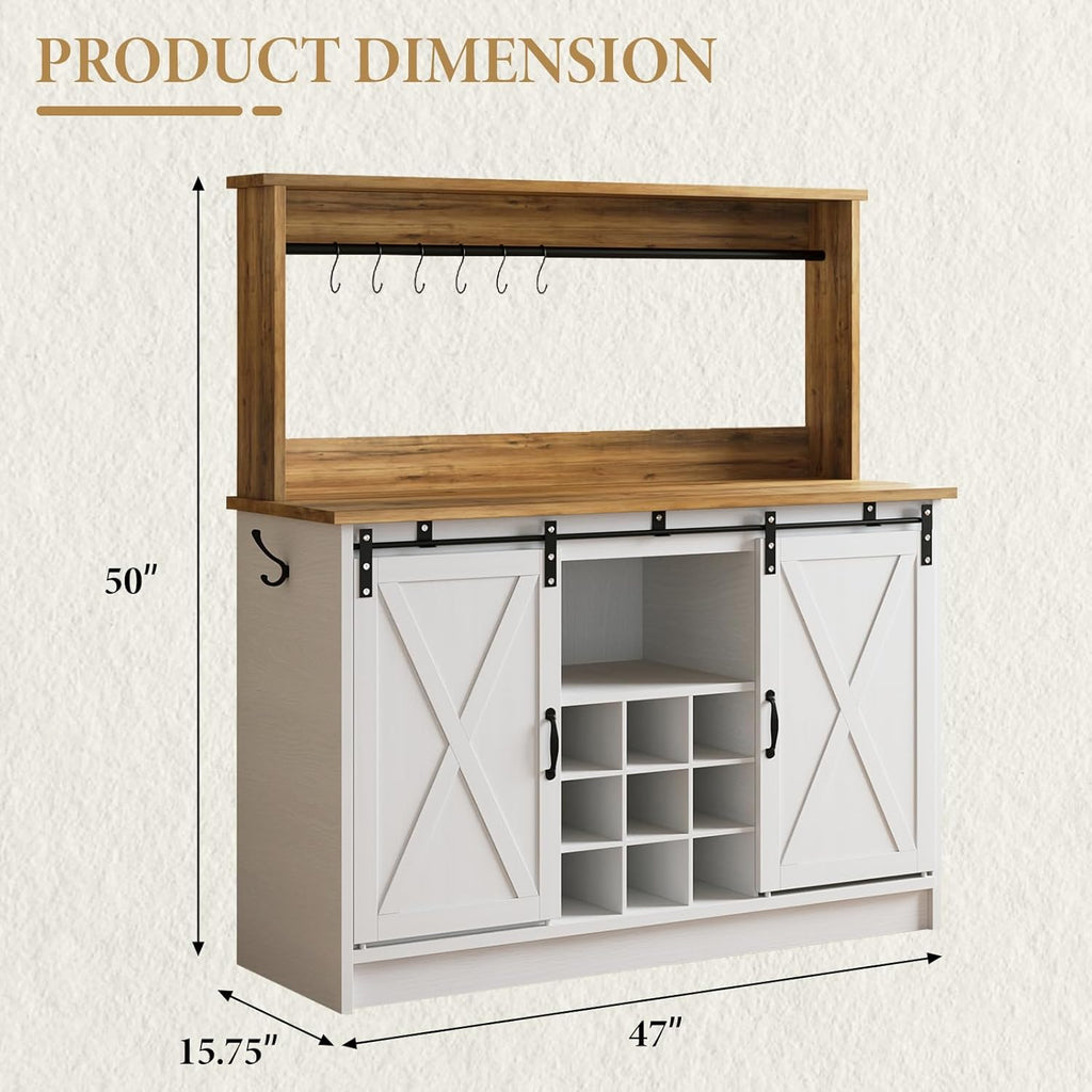 Farmhouse Coffee Bar Cabinet with Storage, 47'' Buffet Cabinet with Hutch and Sliding Barn Door