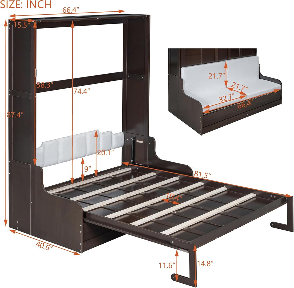 Queen Murphy Bed, Wooden Queen Murphy Bed Wall Bed with Sofa and Cushion, for Home Office or Small Room, Espresso