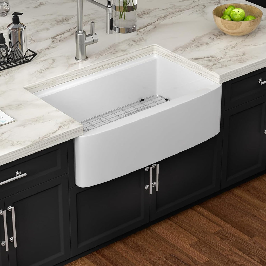 33 Inch White Farmhouse Sink Workstation - White Curved Apron Front Fireclay Farm Sink Large Deep Ceramic Single Bowl