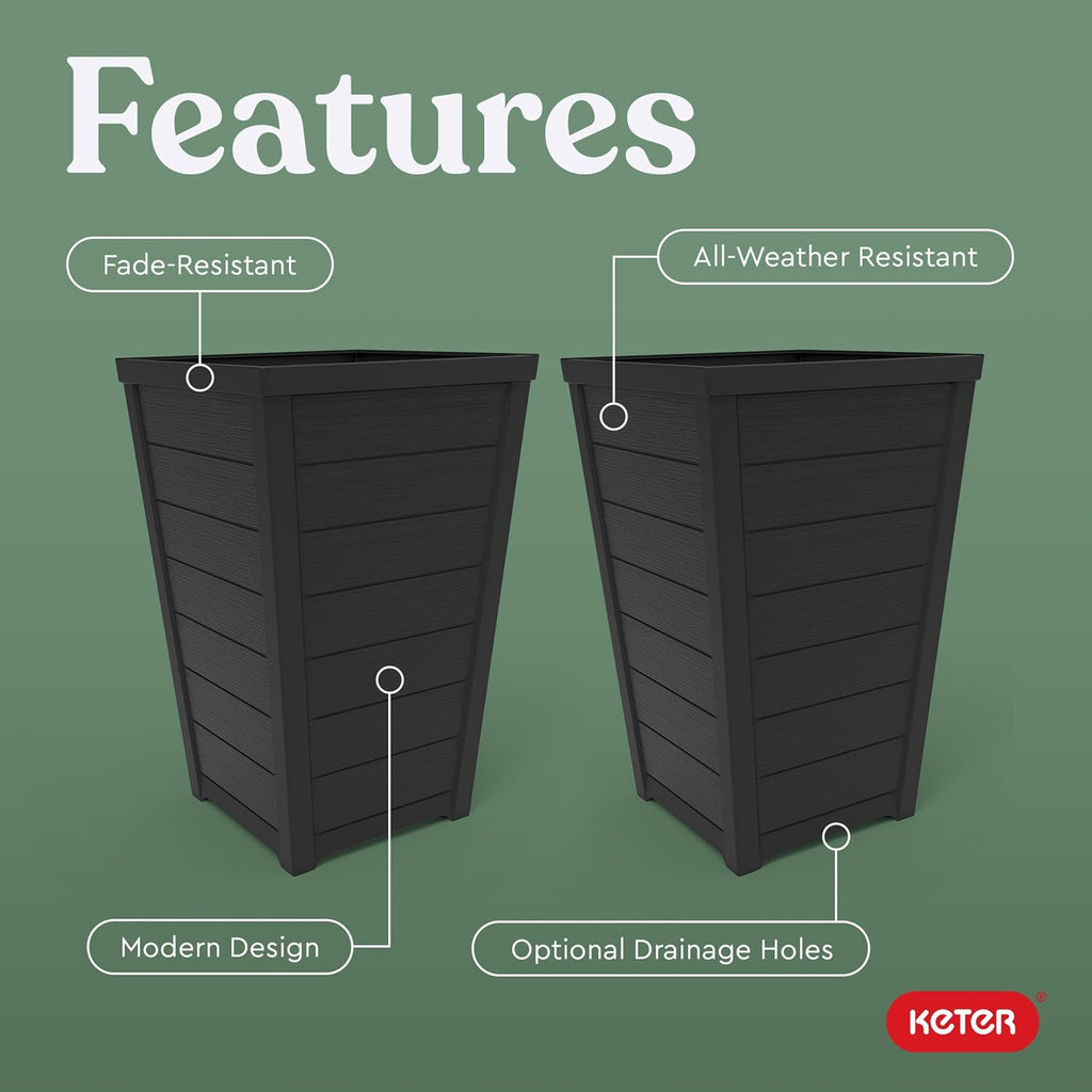 Set of 2 Resin Modern Outdoor 22 Inch Tall Large Flower Pots, Tapered Wood Look Planters for Outdoor Plants and Front