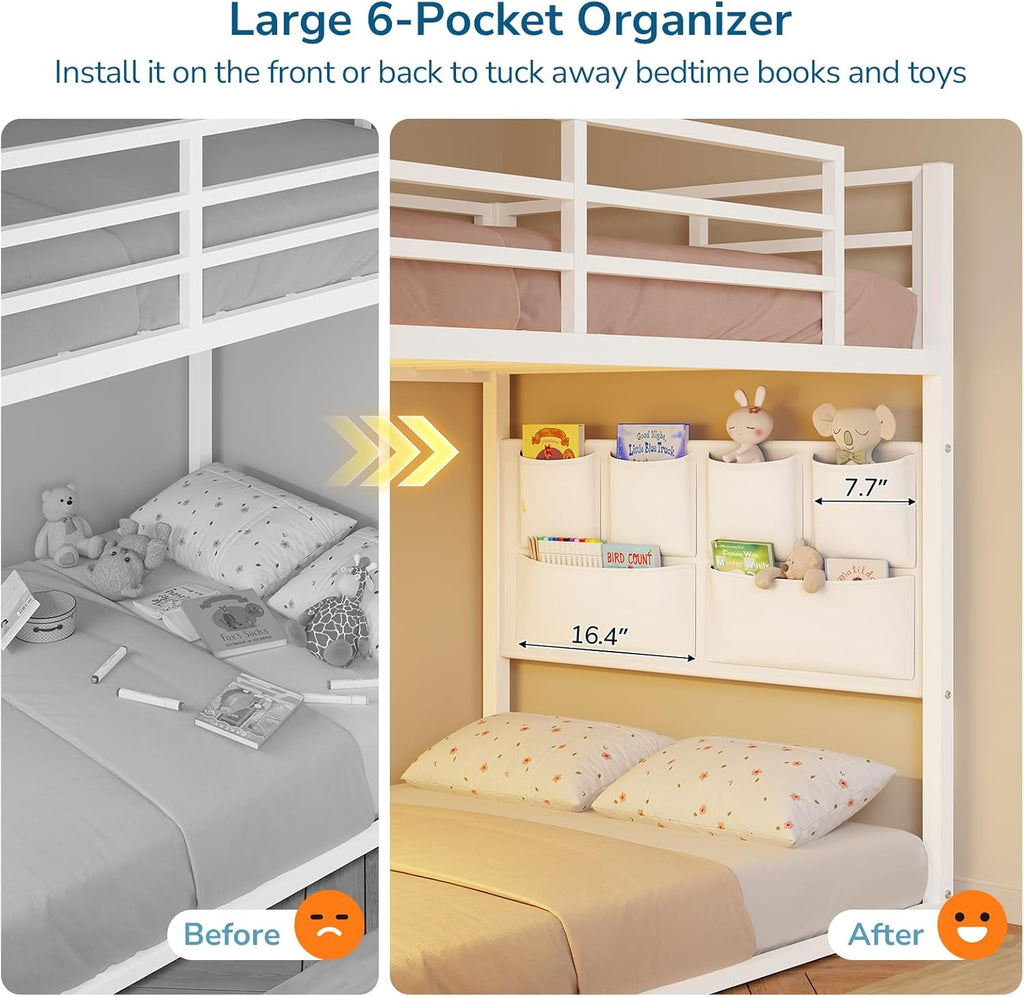 Low Bunk Bed Twin Over Twin with 6 Storage Drawers and 6-Pocket Organizer, Reversible Storage Staircase(Left or Right)