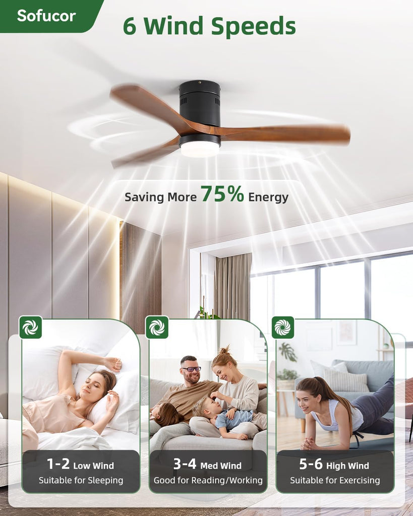 Ceiling Fans with Lights 52 Inch Flush Mount Ceiling Fan with Remote Control