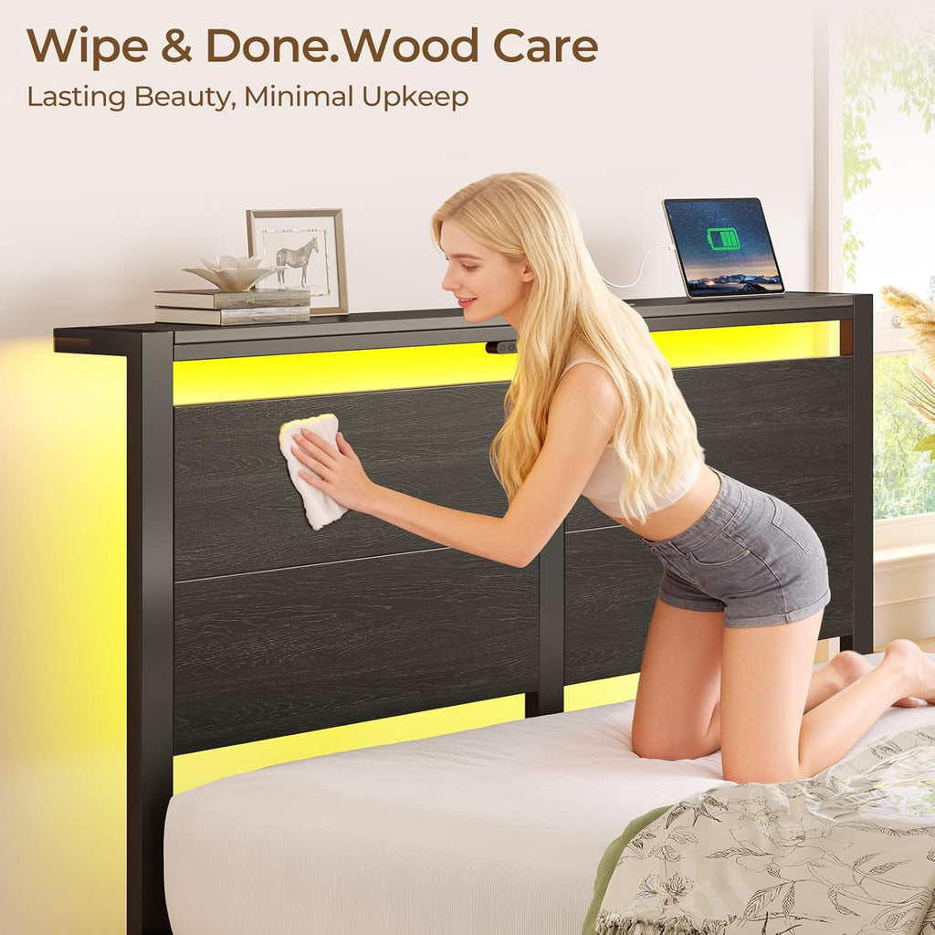 Full Bed Frame with Charging Station, LED Full Bed Frame with Wood Storage Headboard