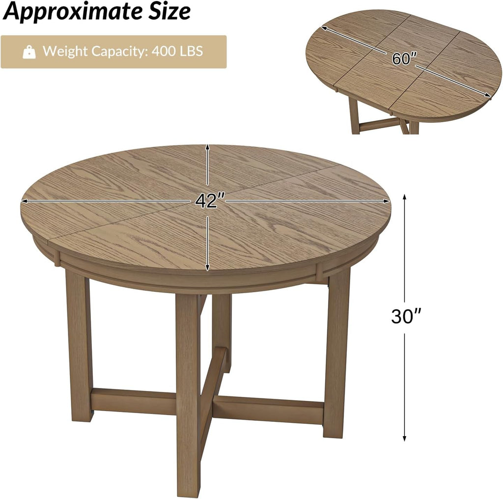 42"-60" Extendable Dining Table for 4, Solid Wood Round Oval Expandable Kitchen Dining Room Table with Butterfly