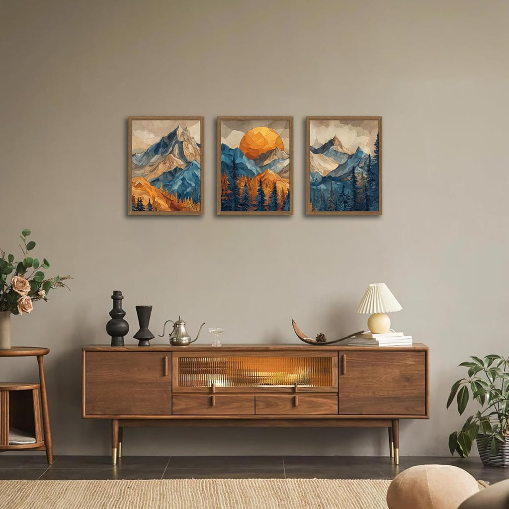 Mountain Wall Art Set of 3 Framed, Abstract Landscape Canvas Prints with Sunset Forest, Boho Nordic Nature Wall Decor