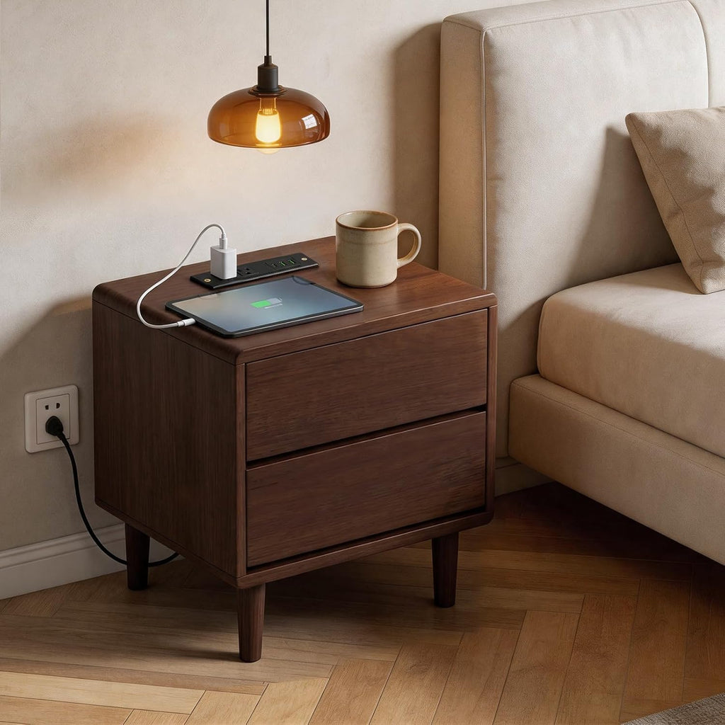 Solid Wood Nightstand with Charging Station,USB-C Port, 15.7 inch Wide End Table with 2 Drawers, Modern Wood Bedside