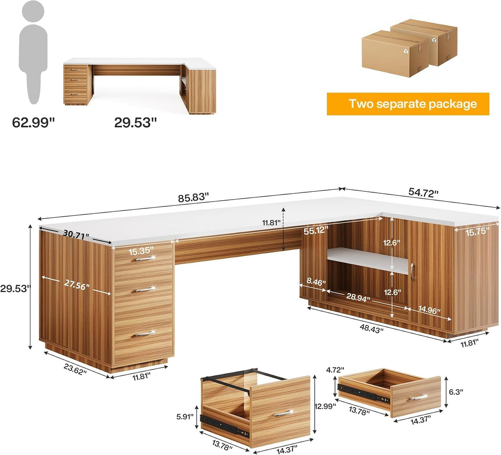 85.8-Inch L-Shaped Executive Office Desk with File Drawers & Storage Cabinet