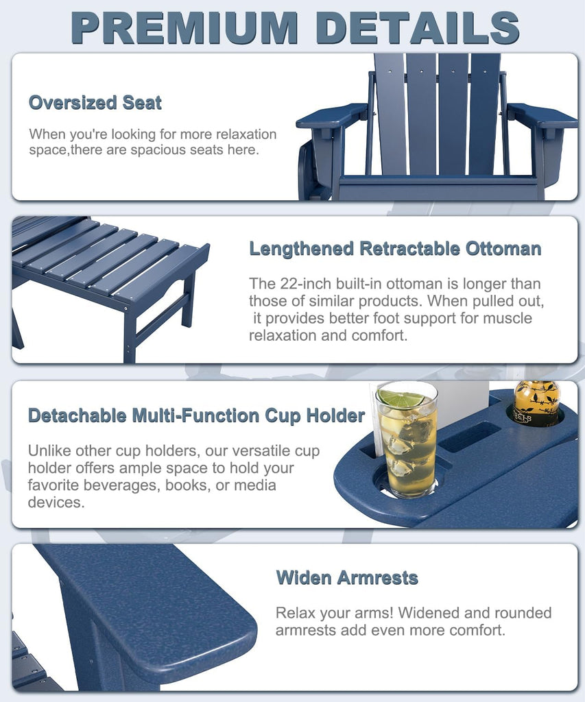 Adjustable Adirondack Chair Set of 2 with Retractable Ottoman | Folding HDPE Chair with Multifunctional Cup Holder