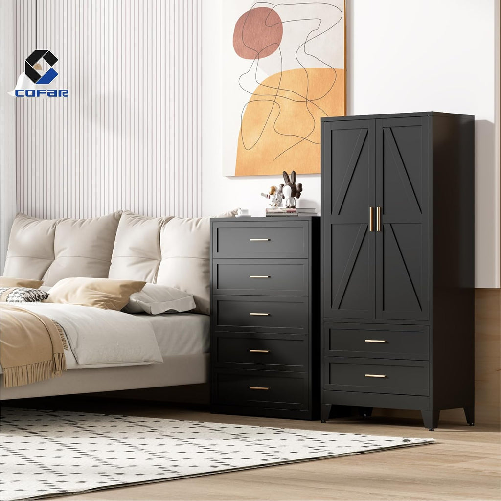 Armoire Wardrobe Closet with Drawers & Hanging Rod, 71'' Metal Wardrobe Closet with Doors & Adjustable Shelf