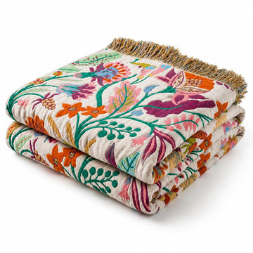 Boho Throw Blanket, 100% Soft Cotton Floral Quilt, 90"x 98"