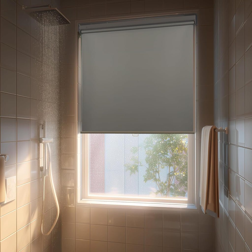 No Drill Cordless Blackout Roller Shades Screwless Waterproof Shower Window Blinds, Auto-Retraction Easy Install