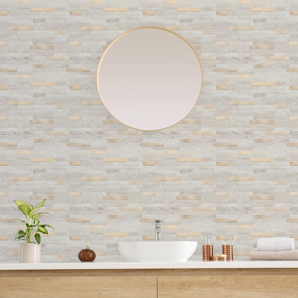 Peel and Stick Backsplash, PVC Wall Stick on Backsplash (10 Sheets, Beige with Metal Gold)