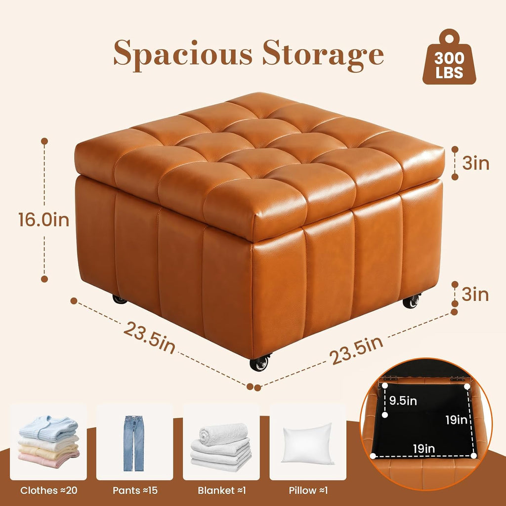 Square Leather Ottoman with Storage and Wheels,360°Rolling ottoman,Faux Leather Flip Top Storage Footstool Coffee