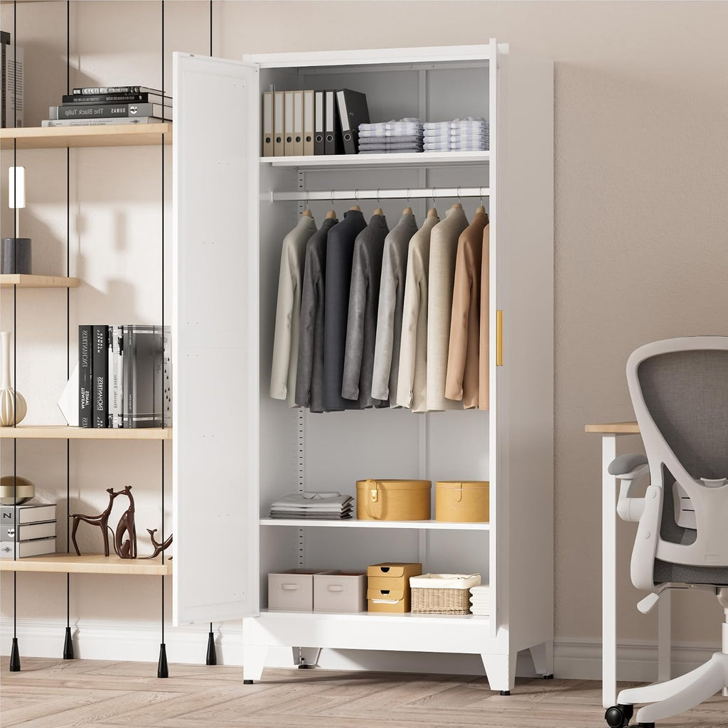 71" Tall Metal Wardrobe Closet with Adjustable Shelves and Hanging Rod, 2 Doors Free Standing Armoire Wardrobe