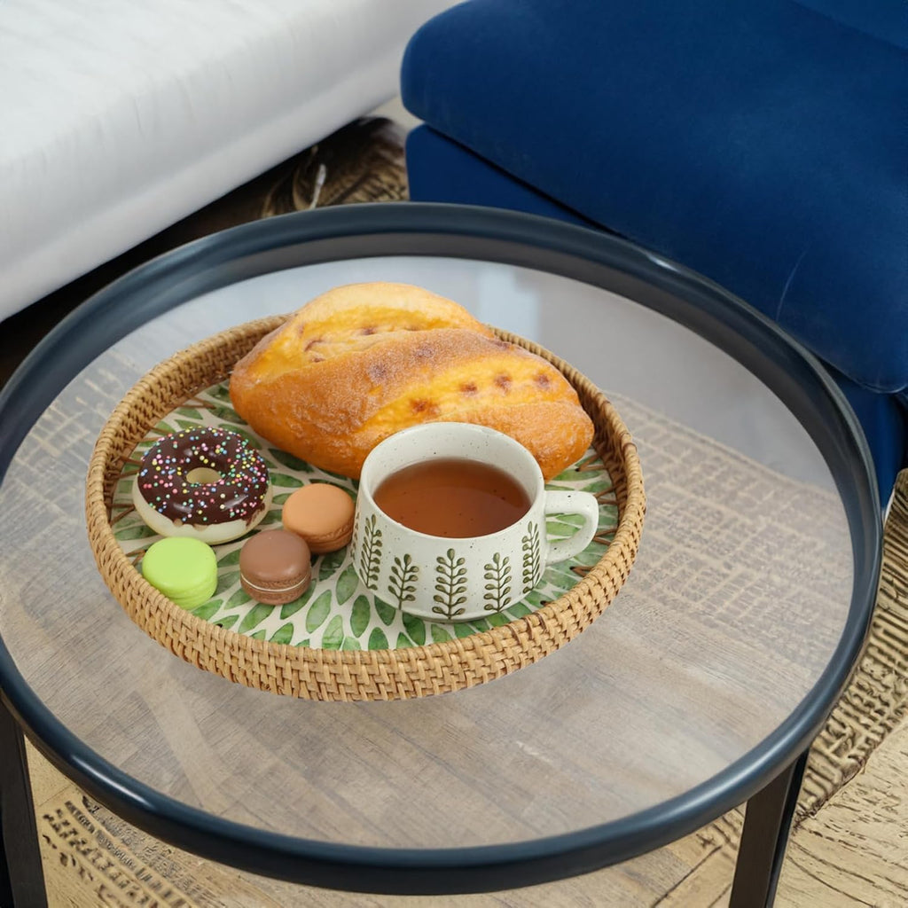 Set of 3 Rattan Tray with Mother of Pearl Inlay, Round Serving Trays for Coffee Table, Decorative Wicker Woven