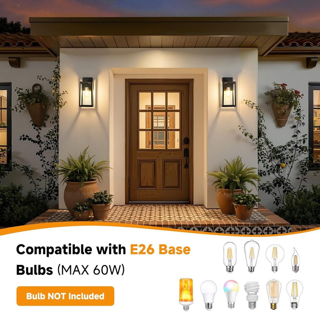 Dusk to Dawn Sensor Outdoor Wall Sconce, Exterior Porch Lantern Fixture with E26 Socket & Glass Shade