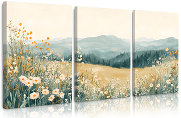 Boho Mountain Flower Wall Art Green Daisy Landscape Canvas Wall Decor Abstract Wildflower Art Prints Watercolor