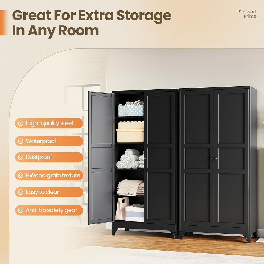 Metal Pantry Cabinet, 75" Kitchen Pantry with 2 Door and 4 Adjustable Shelves,Black Metal Pantry Storage