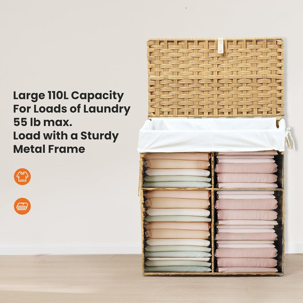 Wicker Laundry Basket with Lid, 110L Woven Laundry Hamper with Handles, Foldable Rattan Clothes Hamper with Removable